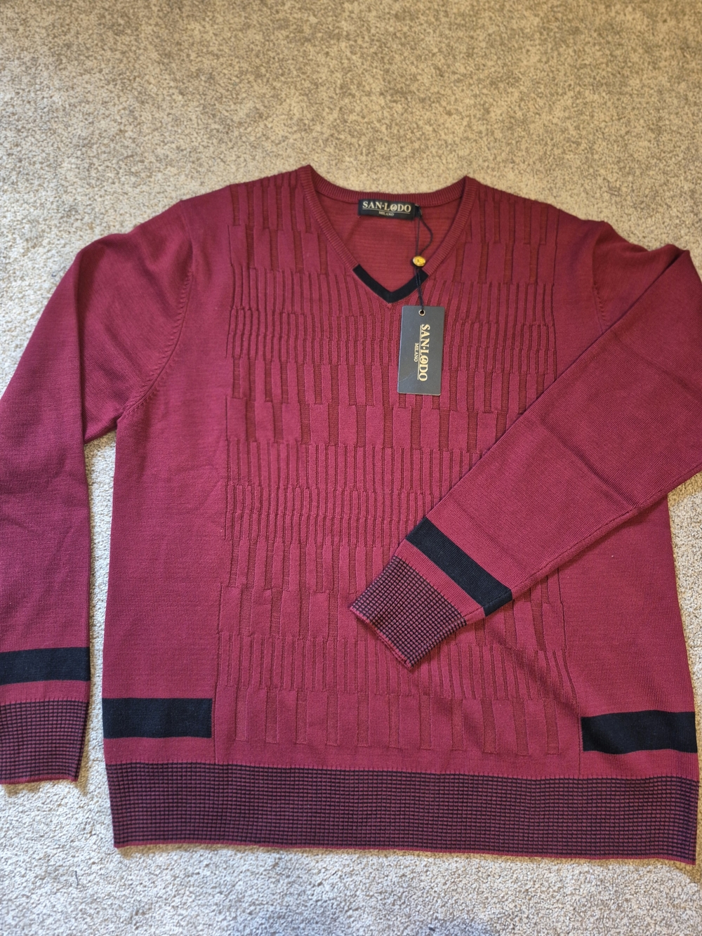 Vintage NWT Old Stock Men's Textured V-Neck Sweater in Burgundy Black Trim Lg